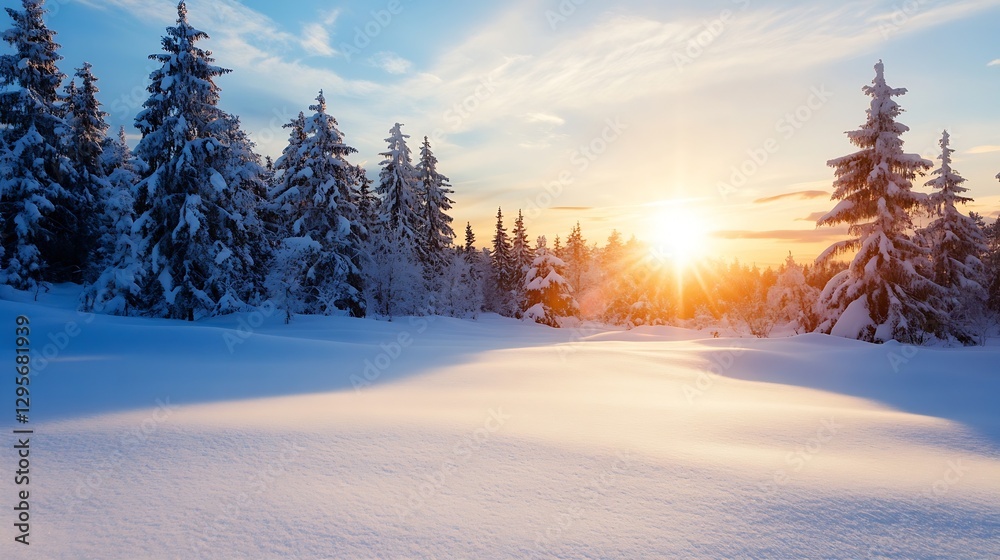 Poster serene winter landscape with snowy trees and beautiful sunset in background : generative ai