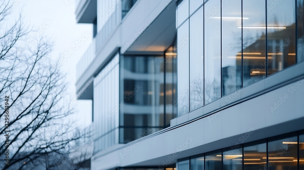 Aufkleber Modern Glass Building with Interesting Architectural Design Surrounded by Leafless Trees : Generative AI
