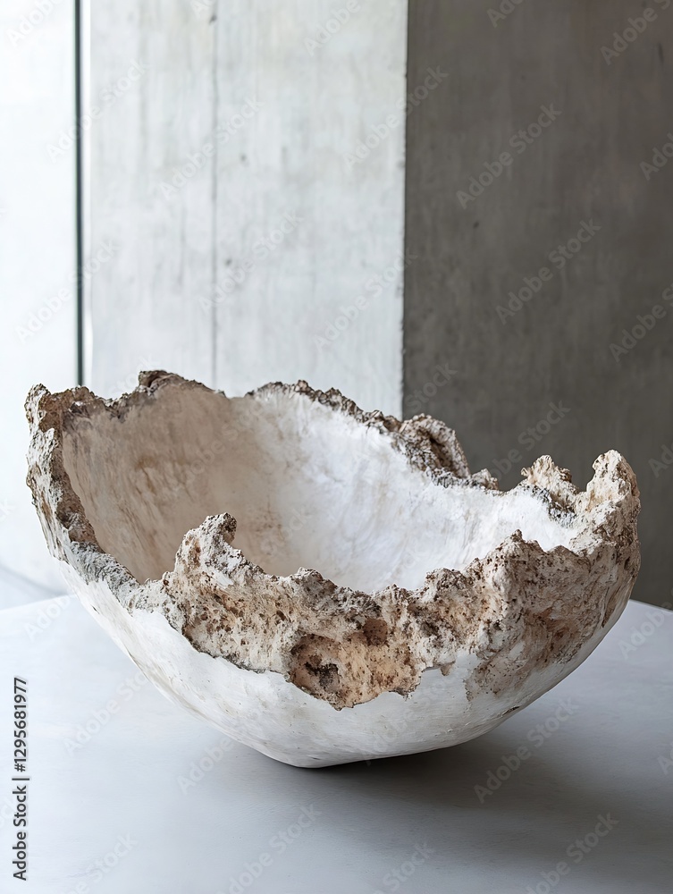 Poster Artistic Stone Bowl with Unrefined Edges and Textured Interior Displayed on Minimalist Surface : Generative AI