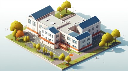 A detailed isometric vector illustration of a modern school building with a courtyard and entrance.