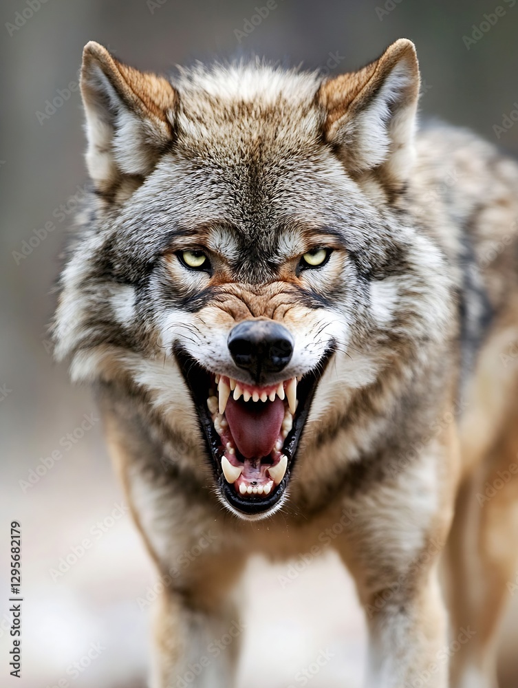 Poster a fierce wolf growling and showing its teeth with a blurred background representing wild nature : ge