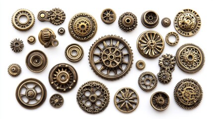 Mechanical clockwork collection, brass gold metal gears, vintage cogwheels various sizes, industrial machinery parts, steampunk mechanisms, detailed metal textures, scattered arrangement, white