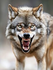 Fototapeta premium A fierce wolf growling and showing its teeth with a blurred background representing wild nature : Generative AI