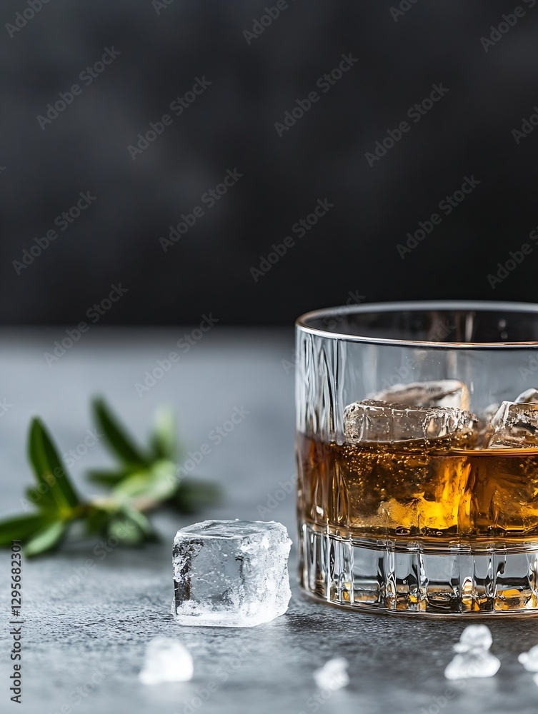 Aufkleber Glass of Whiskey with Ice and a Sprig of Greenery on a Dark Background : Generative AI