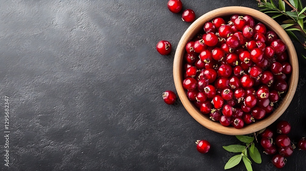 Poster top view of a wooden bowl filled with fresh red cranberries arranged neatly with green leaves on a d