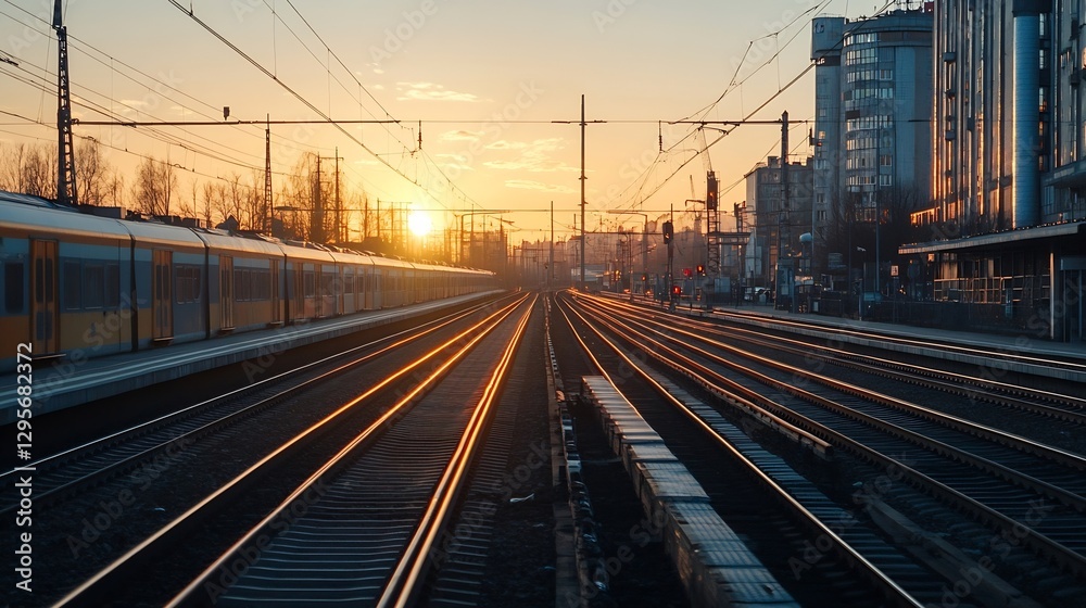 Poster dynamic sunset scene with train tracks leading into vibrant orange horizon and soft clouds : generat