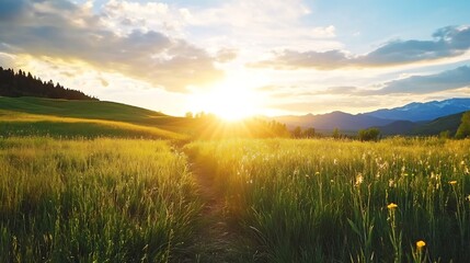 Golden sun setting over a beautiful landscape with vibrant green fields : Generative AI