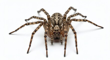 A detailed macro shot of a spider, showcasing its intricate patterns and hairy legs against a plain white background.