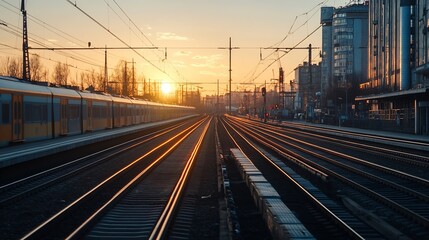 Fototapeta premium Dynamic sunset scene with train tracks leading into vibrant orange horizon and soft clouds : Generative AI