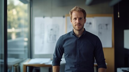 Naklejka premium Professional man standing in modern office space with architectural sketches on wall, showcasing contemporary design and focused ambition in creative environment