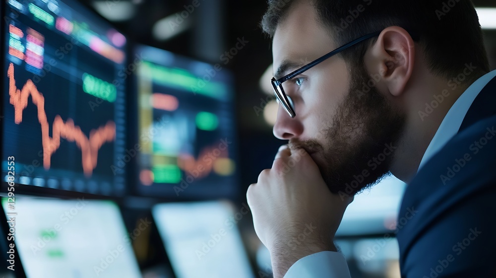 Leinwandbilder A focused businessperson analyzing stock market data on multiple screens showcasing graphs and trading information : Generative AI