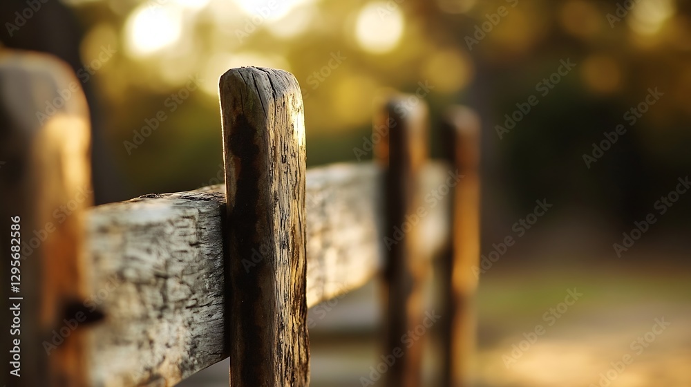 Aufkleber Closeup view of a rustic wooden fence post capturing warm sunlight in a serene outdoor setting : Generative AI