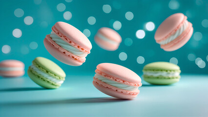 Obraz premium Flying macarons in pink and green shades create a whimsical scene against a turquoise background, highlighting their delicate textures and playful aesthetic. 