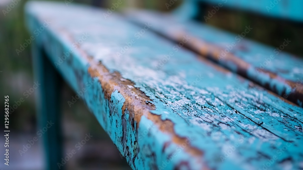 Poster Close Up of Weathered Blue Bench Showing Texture and Paint Peeling in Urban Setting : Generative AI