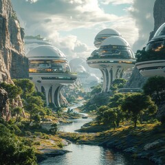 Obraz premium Futuristic Landscape with Alien Architecture and Flowing River