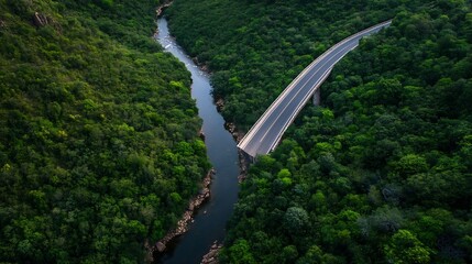 Fototapeta premium Aerial view of winding road surrounded by lush green forest and river landscape : Generative AI