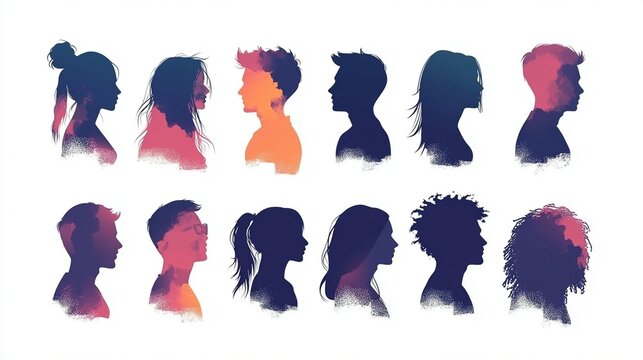 Twelve diverse profile silhouettes in watercolor style, showcasing various hairstyles and genders.
