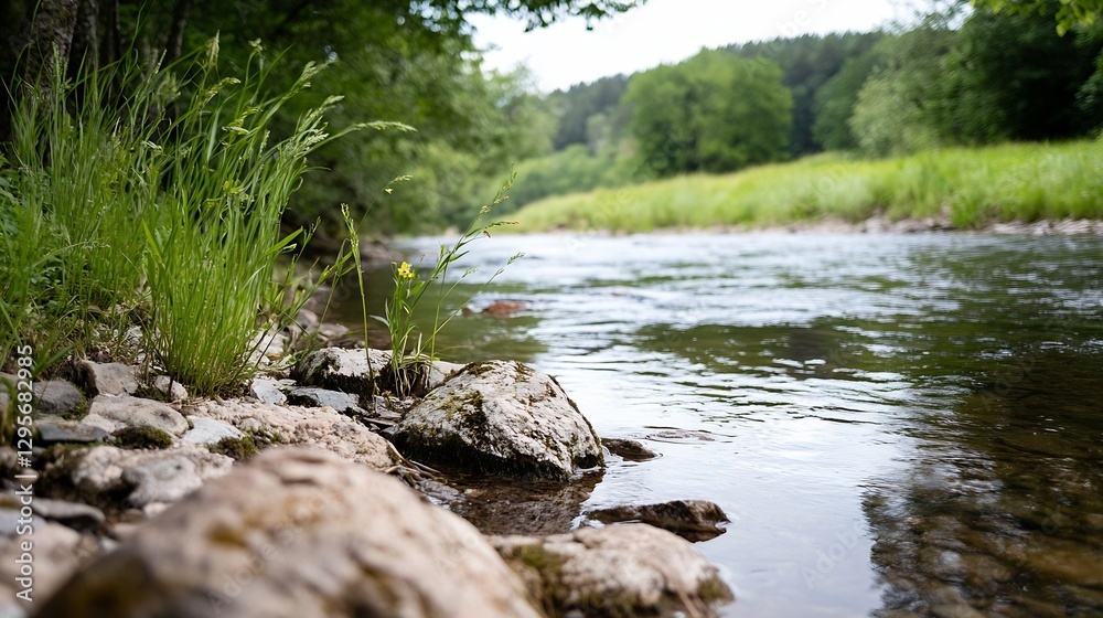 Poster calm riverbank surrounded by green grass and trees under a cloudy sky : generative ai