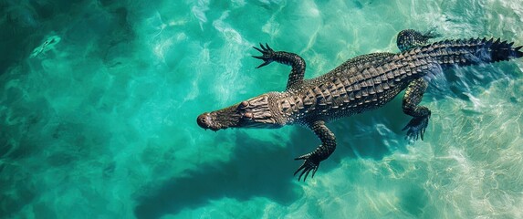 Majestic Crocodile Swimming Gracefully in Crystal Clear Waters Surrounded by Vibrant Turquoise Hue Under Bright Sunlight on a Summer Day