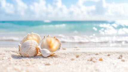 Beautiful Seashells Arranged on Soft White Sand with the Sparkling Ocean in the Background : Generative AI