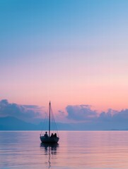 Naklejka premium Sailing into Serenity: A solitary sailboat glides gracefully through the serene waters of a tranquil lake, silhouetted against a breathtaking sky painted with hues of pink, orange, and purple.