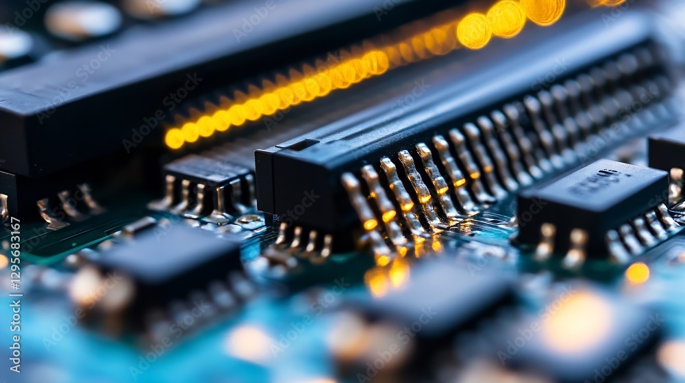 Aufkleber Close up of a modern circuit board with glowing components promoting technology trends : Generative AI