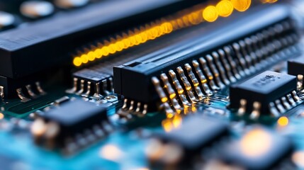 Close up of a modern circuit board with glowing components promoting technology trends : Generative AI