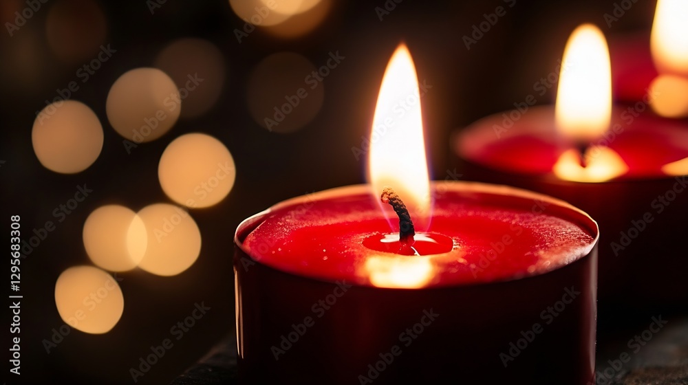Poster elegant red candles burning softly against a blurred background of glowing lights : generative ai