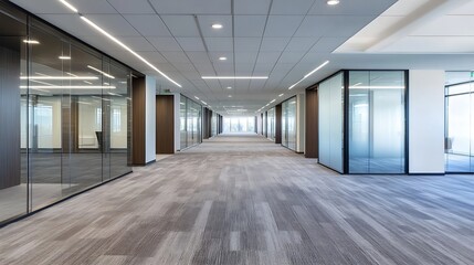 Obraz premium Spacious Modern Office Corridor with Glass Walls and Neutral Carpet : Generative AI