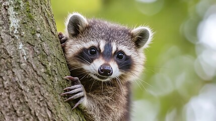 Fototapeta premium Curious raccoon peeking out from behind a tree in a lush green forest filled with light and nature : Generative AI