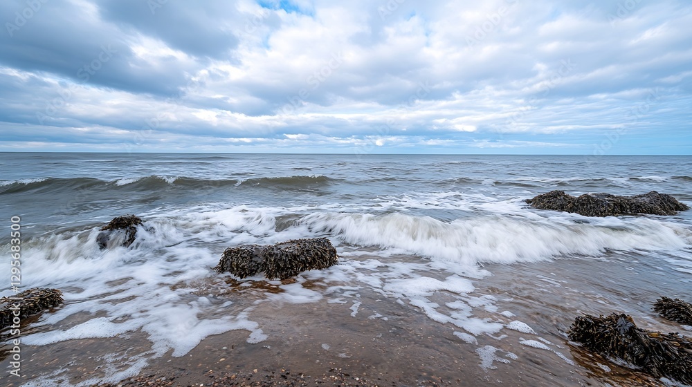 Poster dynamic ocean waves crashing onto rocky shore under a dramatic sky with shifting clouds : generative
