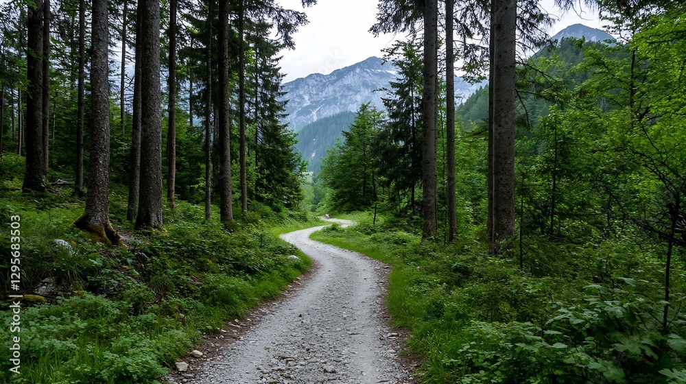 Poster scenic winding path through lush green trees and mountains in a serene nature landscape : generative