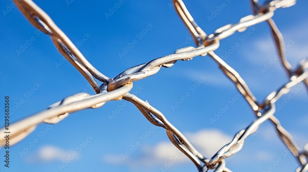 Poster shiny metal barbed wire fence against a vivid sky representing security and boundaries in rural area