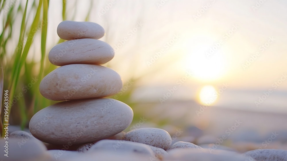 Poster stack of smooth pebbles balanced on a beach at sunset highlighting tranquility and natural beauty : 