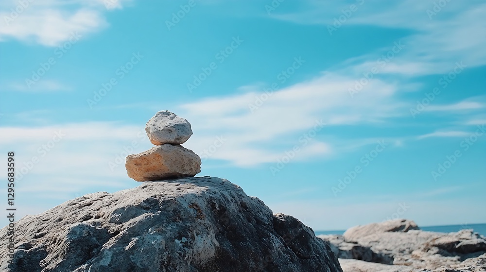 Poster minimalistic composition of stacked stones against a clear blue sky symbolizing balance and tranquil