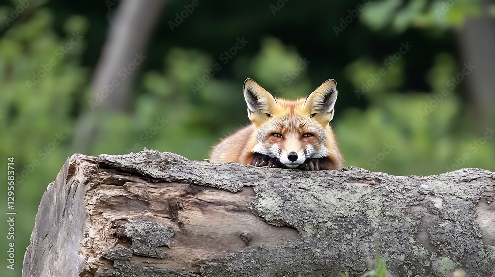 Poster charming fox relaxing on a wooden log surrounded by lush green foliage in the wilderness : generativ