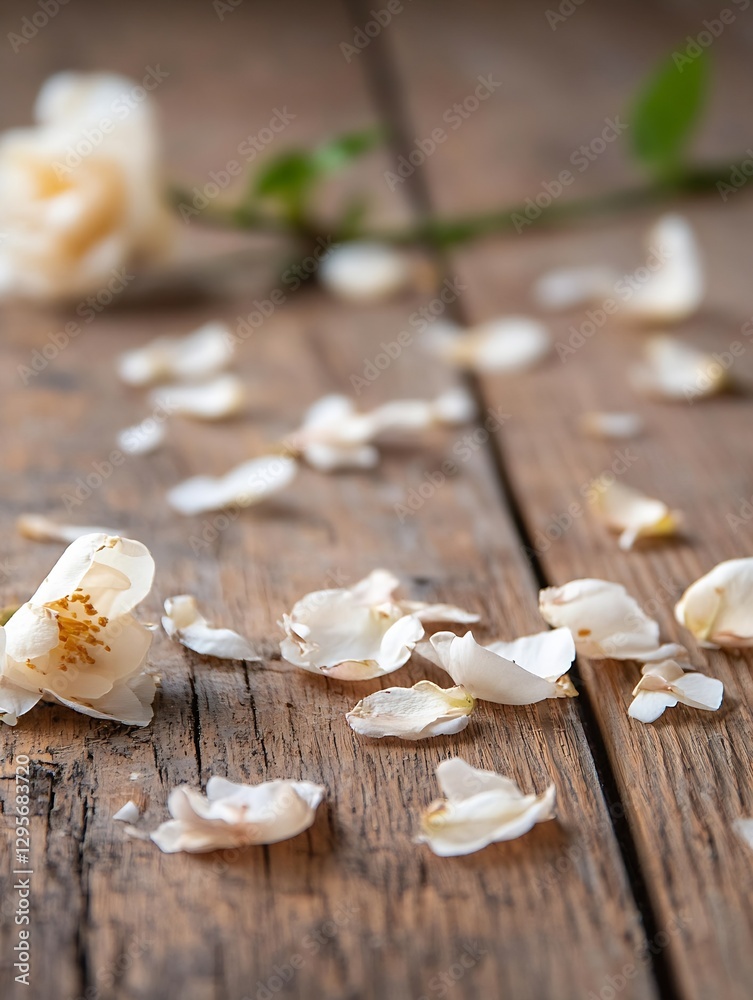 Poster delicate flower petals scattered on rustic wooden surface creating a serene and natural ambiance : g