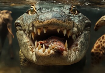 Obraz premium Majestic Crocodile Underwater with Open Mouth Displaying Sharp Teeth and Prey, Surrounded by Blurred Wild Animals in Background