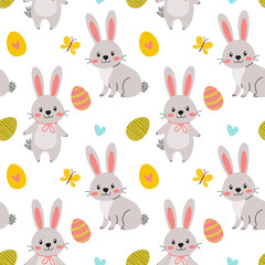 Cute bunnies and colorful eggs celebrate spring in a festive pattern for holiday decorations