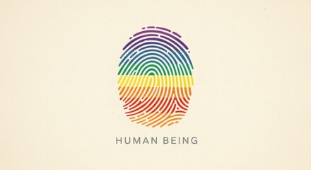 A symbolic image of a rainbow-colored fingerprint with the text "HUMAN BEING" promoting unity and acceptance.