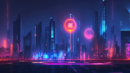 A futuristic city skyline with abstract data visualizations and glowing elements representing technology and analytics.