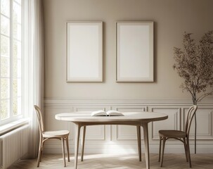 Beige Dining Room with Blank Posters, Sunlight, and Book
