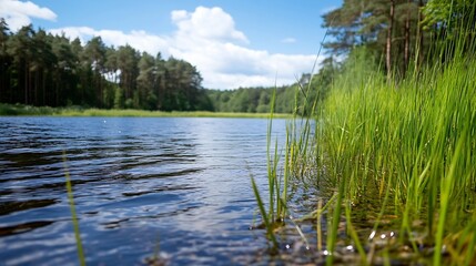 Tranquil Serene Lake Surrounded by Lush Green Grass and Trees Under a Clear Blue Sky : Generative AI