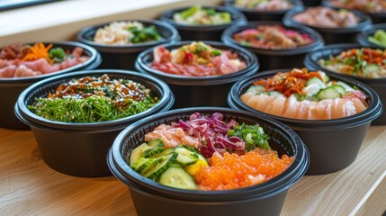 Obraz premium Poke bowls in black plastic containers. Healthy Hawaiian cuisine with raw fish, rice, vegetables, and sauces. Takeout food concept.