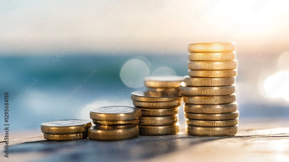 Poster a stack of gold coins in sunlight against a blurred sea background symbolizing wealth and investment
