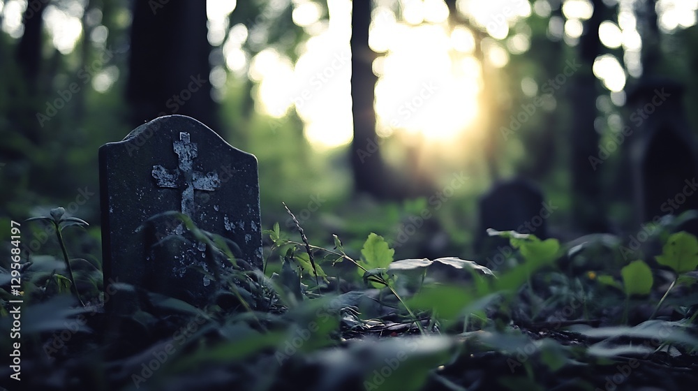 Aufkleber ancient gravestone partially covered by foliage in a forest during sunset creating an eerie yet magi