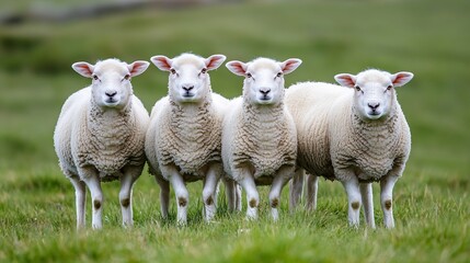 Fototapeta premium Closeup view of four cute sheep standing together in green grass pasture : Generative AI
