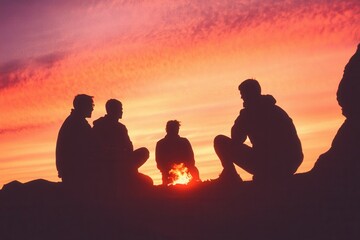 Campfire gathering at sunset with silhouetted group