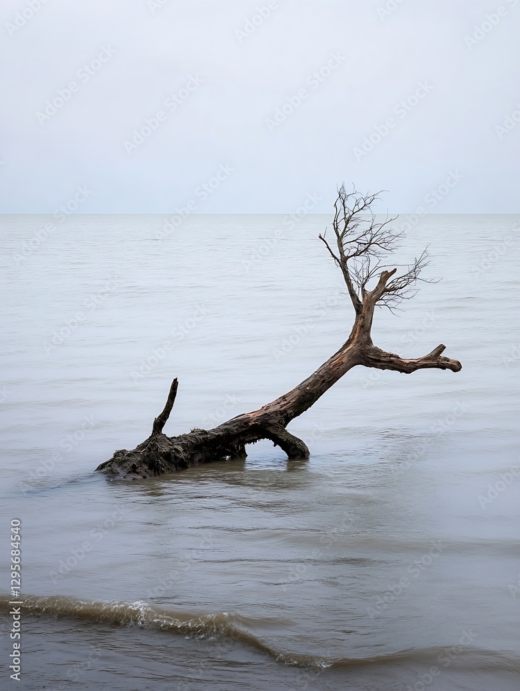 Poster Serene shoreline with a drifting weathered tree trunk partially submerged in calm waters : Generative AI