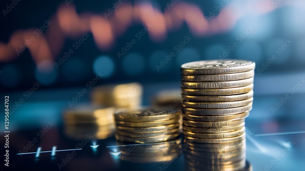 Poster Stack of golden coins with financial graphs in the background : Generative AI